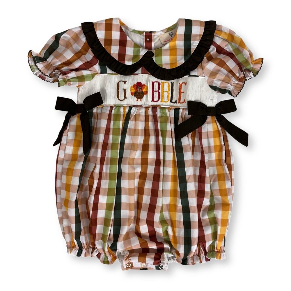 Smockingbird Bubble Romper Toddler Sz 3T Thanksgiving Gobble Smocked Plaid Bows